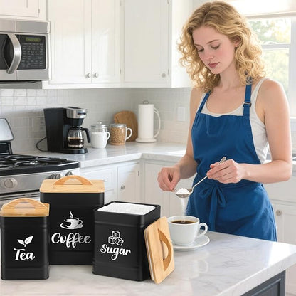 Maxdot 3 Set Coffee Sugar Tea Containers, Square Airtight Kitchen Canisters Storage Ground Organization with Bamboo Lids Rustic Metal Jars for Coffee Bar Beans, Tea Leaves, Food, Countertop(Black) - Image 5