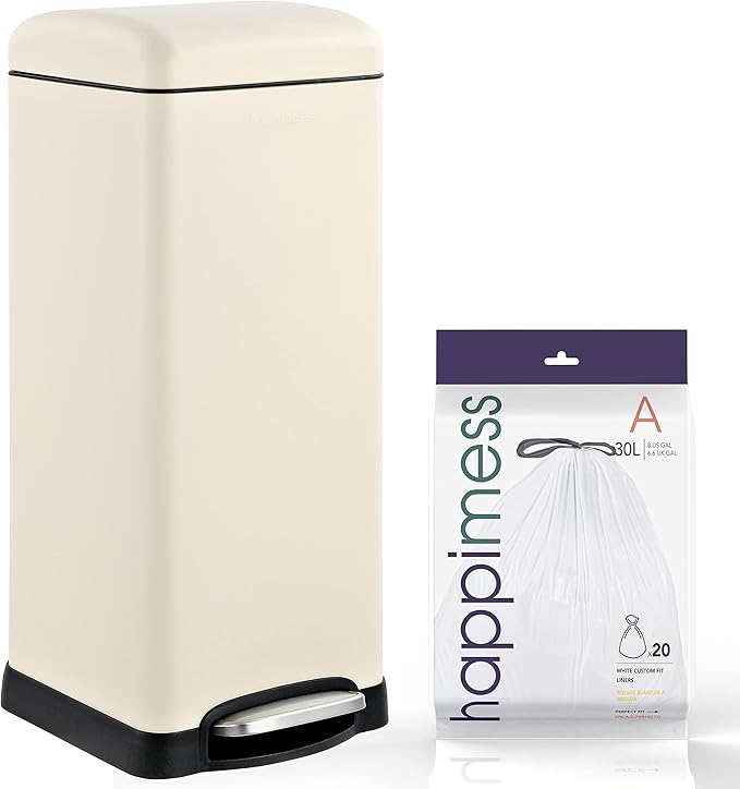 happimess HPM1007F Betty Retro 8-Gallon Step-Open Trash Can with Soft-Close Lid, Fingerprint Resistant, Modern, Minimalistic for Home, Kitchen, Laundry Room, Office, Bedroom, Bathroom, Almond by Happimess
