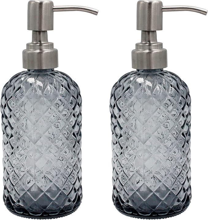 16 oz Diamond Pattern Glass Soap Dispenser, Kitchen and Bathroom Refillable Soap Dispenser with Rust Resistant Stainless Steel Pump for Hand Soap, Lotion Glass Liquid Dispenser(Grey-2pack) by SDlumeiy