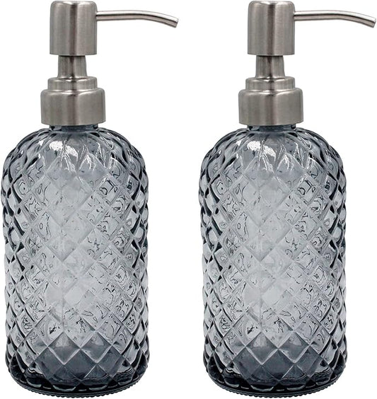 16 oz Diamond Pattern Glass Soap Dispenser, Kitchen and Bathroom Refillable Soap Dispenser with Rust Resistant Stainless Steel Pump for Hand Soap, Lotion Glass Liquid Dispenser(Grey-2pack) by SDlumeiy