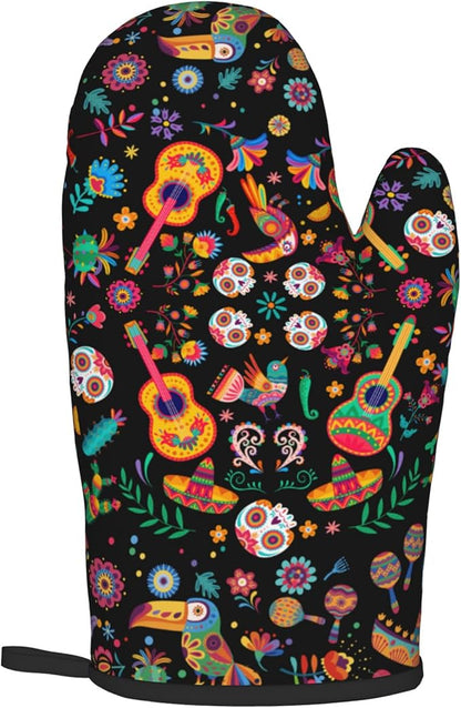 Mexican Oven Mitt Potholders Sets - Mexico Kitchen Mitts and Pot Holders Set of 2 Floral Skull Oven Gloves Hot Pads for Cooking Baking Grilling - Image 8