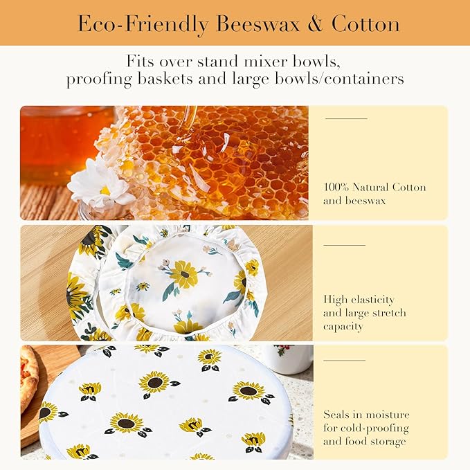 Tirphy 5-Size Reusable Bowl Covers for Bread Proofing - Beeswax Bowl Covers Reusable 4/6/8/10/12 Inch - Elastic Cotton Cloth Sourdough Cover - Shower Caps for Sourdough Bread (Flower style)