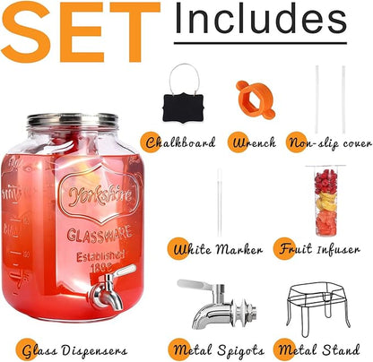 2 Gallon Glass Drink Dispenser,Beverage Dispenser with Stand,Lemonade Dispenser with 304 Stainless Steel Spigot Leakproof for Entertaining Guests, Picnic,Hosting Parties