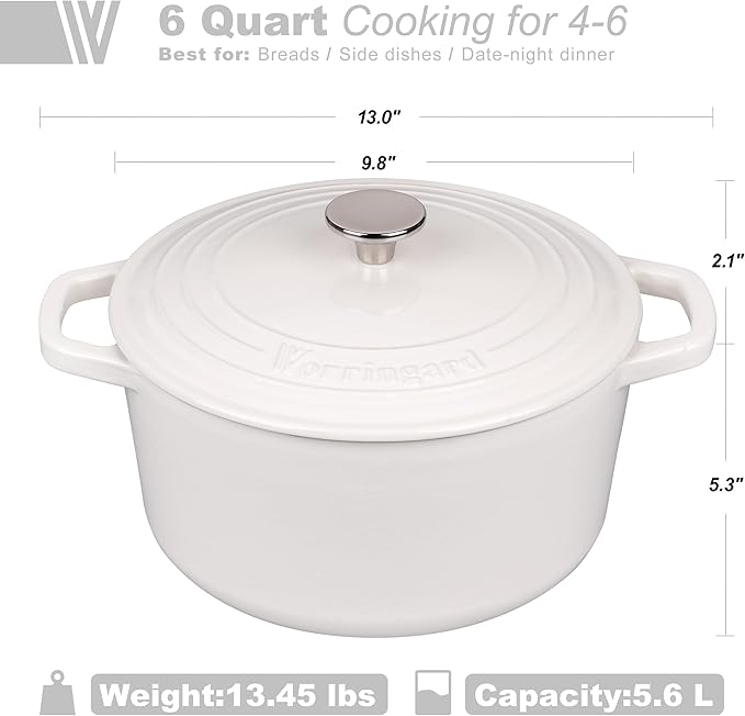 VORRINGARD Enameled Cast Iron Dutch Oven Pot with Lid, for Bread Baking, Round Bread Oven- include Sourdough Bread Baking Supplies Set, 6QT, White - Image 2