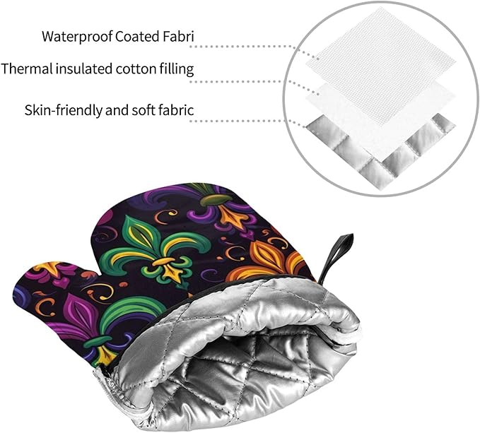 Colorful Fleur De Lis Oven Mitts and Pot Holders Sets Mardi Gras Kitchen Oven Gloves Heat Resistant 500 Degrees Oven Mitt and Hot Pad for Cooking BBQ Baking Grilling - Image 7