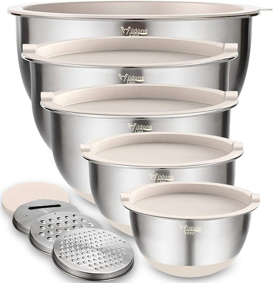 Wildone Mixing Bowls with Airtight Lids Set, 5PCS Stainless Steel Khaki Nesting Bowls for Kitchen, with Grater Attachments & Non-Slip Bottoms, Size 5, 3, 2, 1.5, 0.63 QT, Great for Mixing & Serving by Wildone