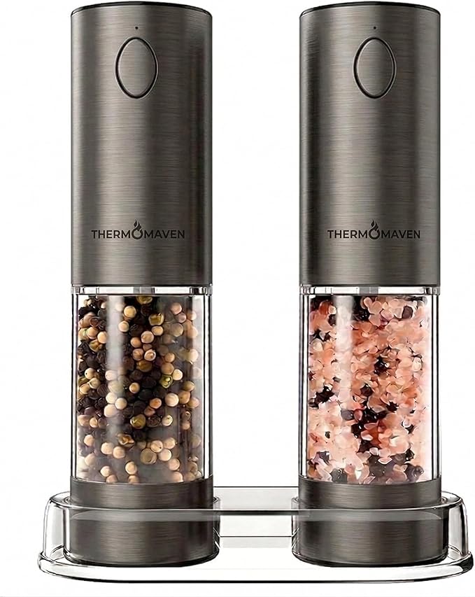 ThermoMaven Electric Salt and Pepper Grinder Set, 110ml Larger Rechargeable Automatic Salt and Pepper Mill Grinder with 6 Adjustable Coarseness, Electric Salt and Pepper Shakers, LED, Gun Grey by ThermoMaven