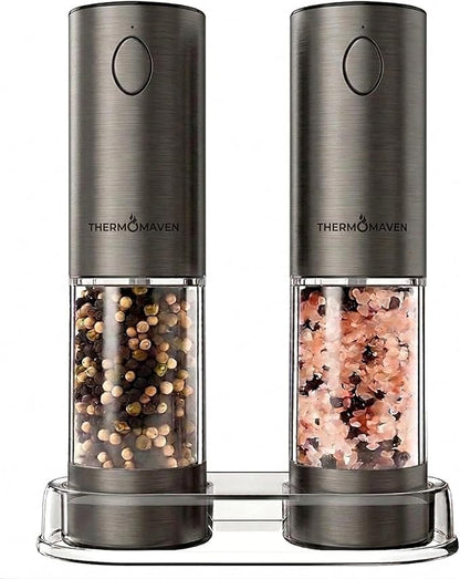 ThermoMaven Electric Salt and Pepper Grinder Set, 110ml Larger Rechargeable Automatic Salt and Pepper Mill Grinder with 6 Adjustable Coarseness, Electric Salt and Pepper Shakers, LED, Gun Grey by ThermoMaven