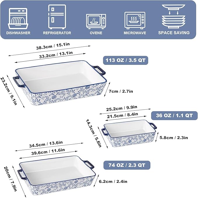 Ceramic Bakeware Set - Casserole Dish Baking Dishes for Oven - Rectangular Lasagna Pans with Handles for Kitchen Cooking - Microwave & Dishwasher Safe - Set of 3 (15.1''/13.6''/9.9'') - Blue - Image 3