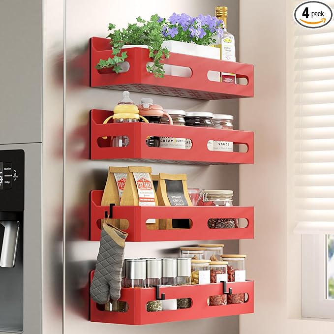 Sevenblue 4 Pack Strong Magnetic Spice Rack for Refrigerator, Multipurpose Magnetic Shelf for Fridge with 4 Hooks for kitchen and Bathroom Organization, Red by Sevenblue