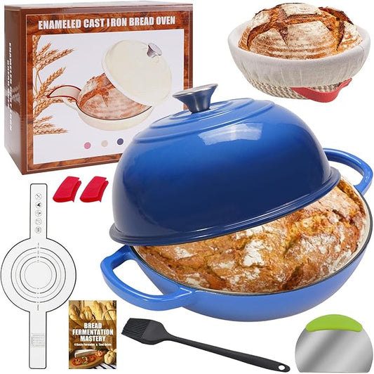 6QT Enameled Cast Iron Dutch Oven for Bread Baking – Sourdough Starter Kit with Cotton Basket, Bread Sling, Lame, Brush & Handle Cover – Multi-Purpose Pot for Baking, Frying, Braising – Blue