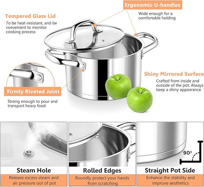 P&P CHEF 5 Quarts Cooking Stock Pot with Lid, Stainless Steel Stockpot Induction Pot for Soup, Tri-Ply Bottom & Clear Glass Lid & Double Handle, Dishwasher Safe - Image 3