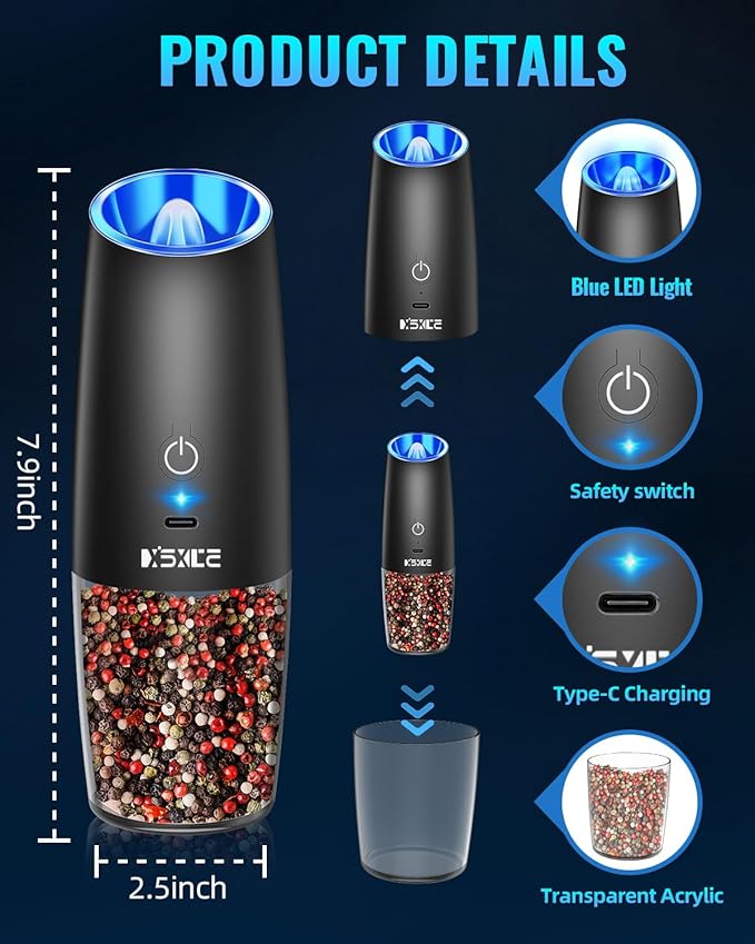 Rechargeable Pepper and Salt Grinder Set, whit Gravity Sensing Switch and LED Light, One Hand Automatic Operation -Black/2 Pack