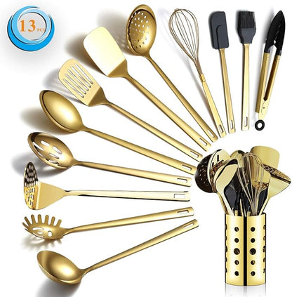 Gold Cooking Utensils Set, Berglander Stainless Steel 13 Pieces Kitchen Utensils Set With Titanium Gold Plating, Kitchen Tools Set With Utensil Holder, Dishwasher Safe, Easy to Clean by Berglander