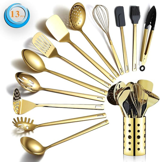 Gold Cooking Utensils Set, Berglander Stainless Steel 13 Pieces Kitchen Utensils Set With Titanium Gold Plating, Kitchen Tools Set With Utensil Holder, Dishwasher Safe, Easy to Clean by Berglander