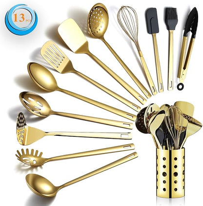 Gold Cooking Utensils Set, Berglander Stainless Steel 13 Pieces Kitchen Utensils Set With Titanium Gold Plating, Kitchen Tools Set With Utensil Holder, Dishwasher Safe, Easy to Clean - Image 8