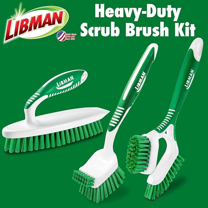 Libman Heavy Duty Scrub Brush Kit | Cleaning Brushes for Household Use | Tub Scrubber | Easy Grip Scrub Brush | Big Job Kitchen Brush | Dual Sided Tile & Grout Brush | 3 Different Brushes Included - Image 2