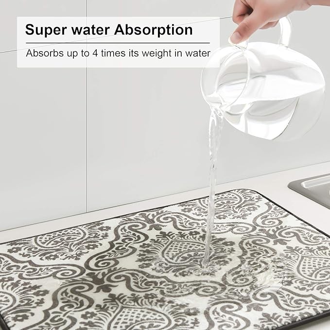 Subekyu Dish Drying Mats for Kitchen, Ultra Absorbent Microfiber Drying Mat, Dishes Drainer Pads 2 Pack, 19 by 15 Inch (Floral Vine) - Image 2