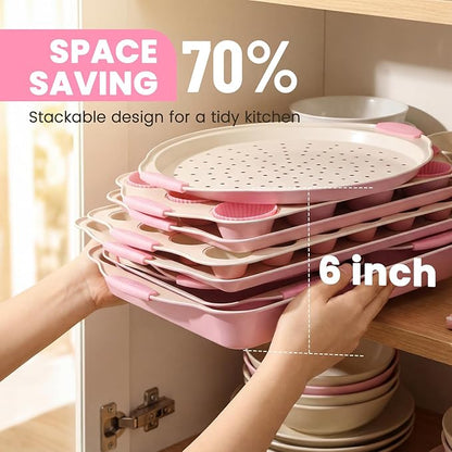 Kikcoin 22 PCS Nonstick Baking Pans Set, Stackable Bakeware Sets with Silicone Handles, 450°F Oven Safe Baking Sheet Set, Easy Release Cookie Sheets for Baking, Pink - Image 6