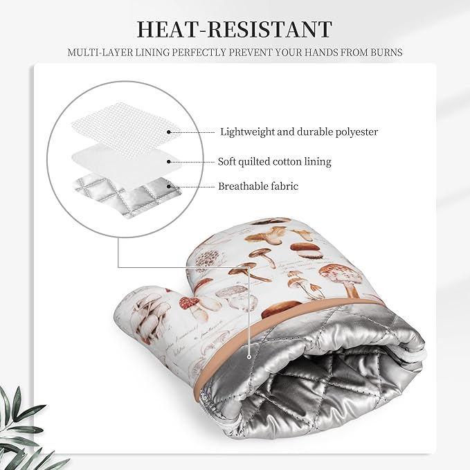 Mushroom Silicone Oven Mitts Pan Mats Set of 2, Heat Resistant Gloves Potholder with Non-Slip Grips Hanging Loops Pot Holder, Spring Summer for Chef Cooking, Baking, Grilling, BBQ