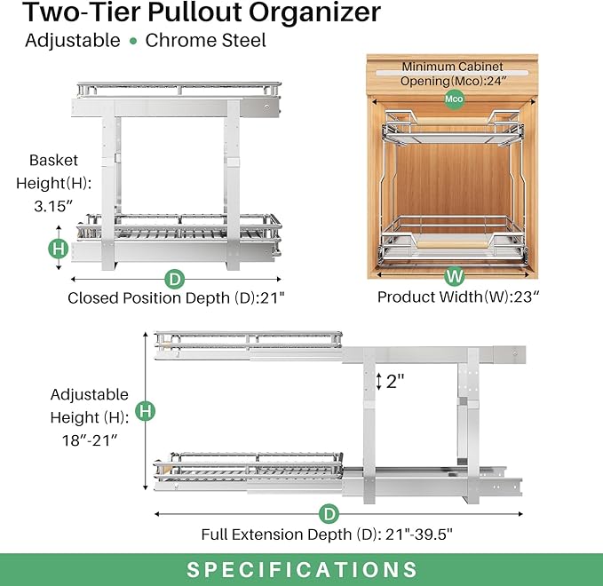 Pull out Cabinet Organizer, 2 Tiers 23"W X 21"D, Heavy Duty Smooth Sliding Under Cabinet Shelves for Pots and Pans, Full-Extension Roll out Drawers, Slide out Organization for Home Kitchen Pantry - Image 3