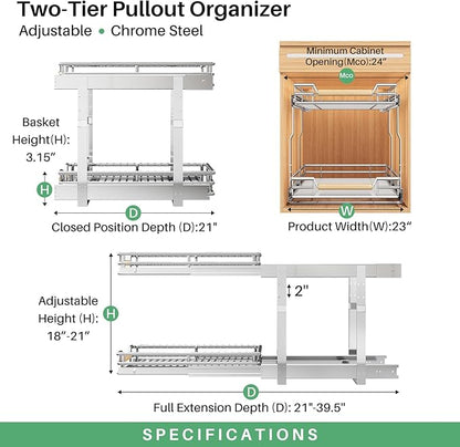 Pull out Cabinet Organizer, 2 Tiers 23"W X 21"D, Heavy Duty Smooth Sliding Under Cabinet Shelves for Pots and Pans, Full-Extension Roll out Drawers, Slide out Organization for Home Kitchen Pantry - Image 3