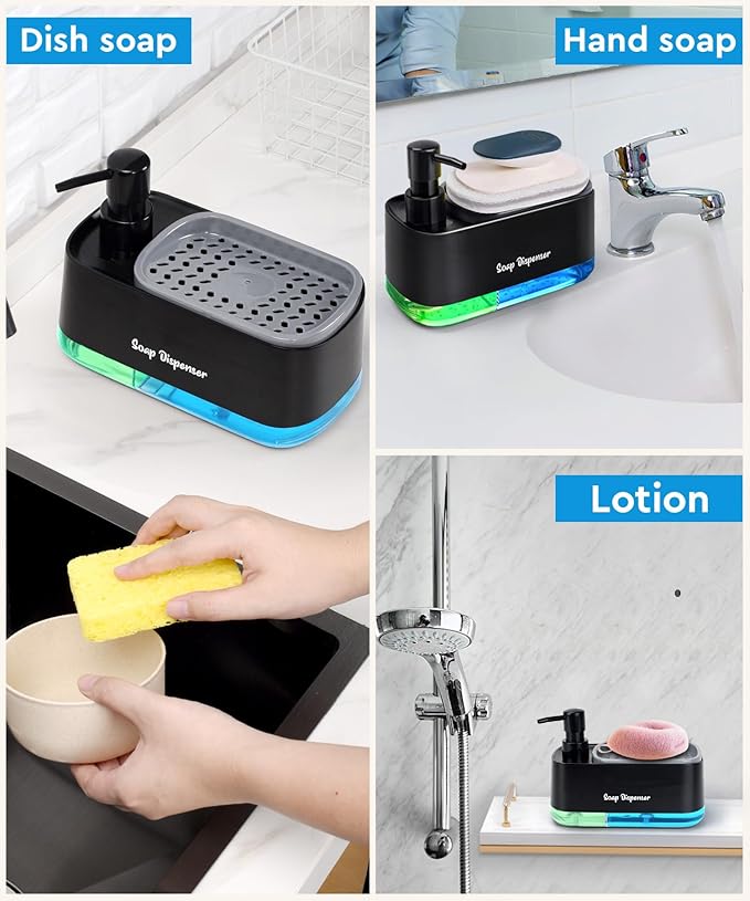 Hand and Dish Soap Dispenser Set for Kitchen, Dual Soap Dispenser with Sponge Holder, 3-in-1 Countertop Soap Pump Dispenser for Kitchen Sink, Useful Kitchen Gadgets - Black - Image 5