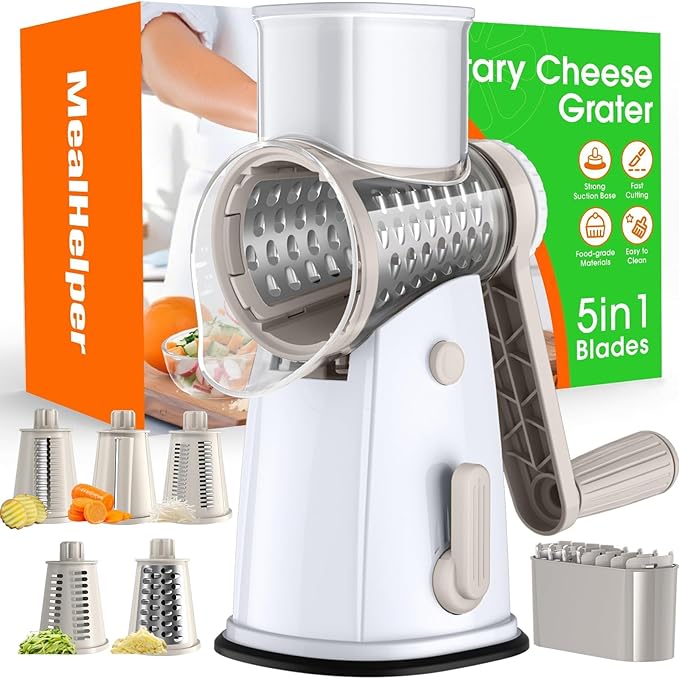 MealHelper 5 Blade Rotary Cheese Grater and Vegetable Chopper with Storage Box and Hand Crank, Compact Shredder for Cheeses, Veggies, Nuts - Easy to Use, Non-slip Suction Base,White by Unknown