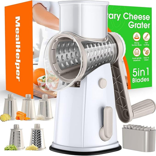 MealHelper 5 Blade Rotary Cheese Grater and Vegetable Chopper with Storage Box and Hand Crank, Compact Shredder for Cheeses, Veggies, Nuts - Easy to Use, Non-slip Suction Base,White by Unknown