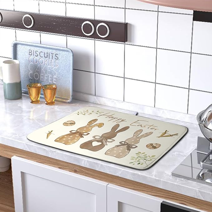 Happy Easter Bunny Dish Drying Mat Rabbits Egg Carrot Dish Pad for Kitchen Counter 18x24 Inch Microfiber Absorbent Spring Bufflao Plaid Dish Draining Mat Reusable Washable Dish Drainer Rack Mat - Image 5