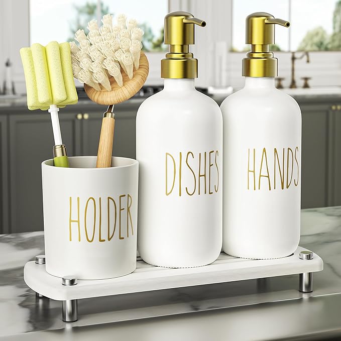 Cisily Kitchen Soap Dispenser Set Comes with Ceramics Sponge Holder, Gold Pumps, and Instant Dry Tray, Hand and Dish Soap Dispenser Set (4, Gold + White + Brush Holder) - Image 8