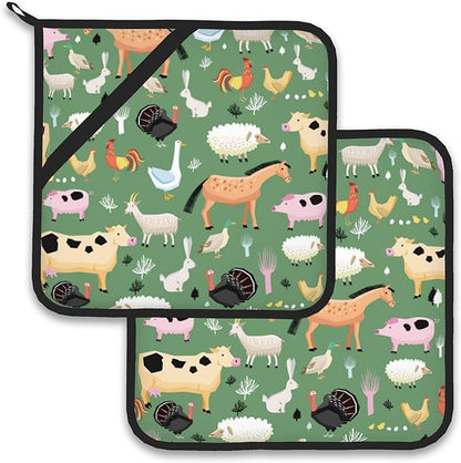 Funny Farm Animals Horse Cow Pot Holder Set of 2,Heat Resistant Potholders Oven Hot Pads for Kitchen Cooking Baking BBQ