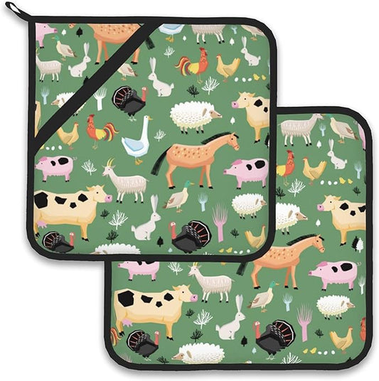 Funny Farm Animals Horse Cow Pot Holder Set of 2,Heat Resistant Potholders Oven Hot Pads for Kitchen Cooking Baking BBQ
