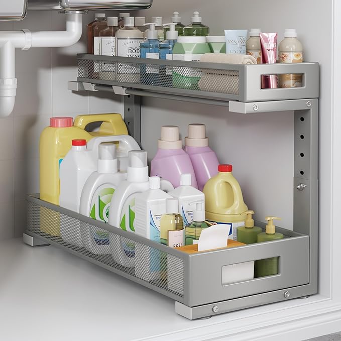 1 Pack 19IN Depth Under Sink Storage Organizer, Large 2-Tier Elegant Mesh Pull Out Shelf for Kitchen and Bathroom Cabinet Organization, L-Shaped and Adjustable Height Design-Gun Gray by UnderSinkOrganizer