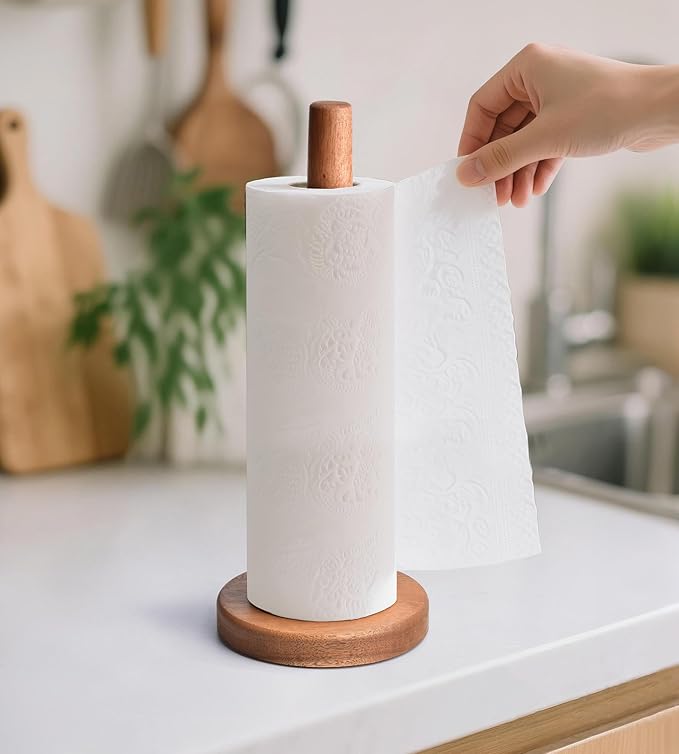 KitchLife Acacia Wooden Paper Towel Holder Countertop - Freestanding Paper Towel Dispenser Stand Organizer with Anti-Skid Base - Image 8