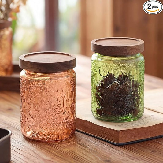 Willinglong 2 Pack 23.7oz Colored Vintage Glass Storage Jars with Wooden Lids Embossed Floral Decorative Canisters for Kitchen Countertop Airtight Container for Sugar Cookie Coffee Tea(Green, Brown) by Willinglong