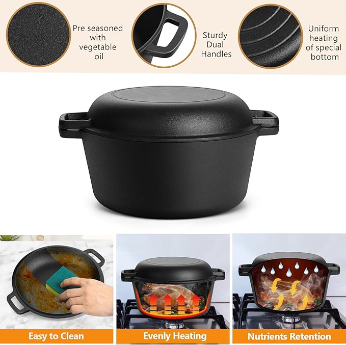 P&P CHEF 5Qt Dutch Oven Pot for Bread Baking (Black), 2 In 1 Round Cast Iron Dutch Oven with Lid Set, Skillet & Pot for Roasting Braising Stewing Frying Simmering, Multi Stoves & Oven Safe - Image 3