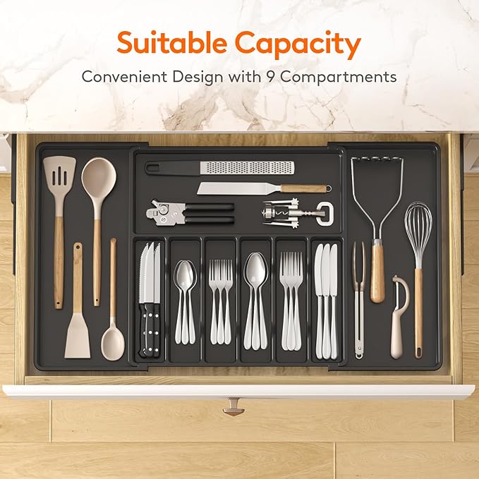 Lifewit Silverware Drawer Organizer, Expandable Utensil Tray for Kitchen, BPA Free Flatware and Cutlery Holder, Adjustable Plastic Storage for Spoons Forks Knives, 18- 33 x 18.5", Black - Image 3