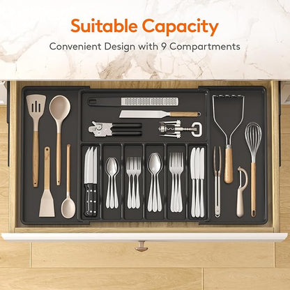 Lifewit Silverware Drawer Organizer, Expandable Utensil Tray for Kitchen, BPA Free Flatware and Cutlery Holder, Adjustable Plastic Storage for Spoons Forks Knives, 18- 33 x 18.5", Black - Image 3