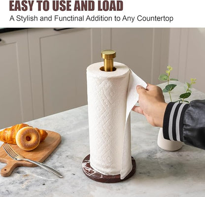 Koville Paper Towel Holder Countertop, Standing Paper Roll Holder with 6" Weighted Marble Base, Stone Paper Towel Holder with Gold Stainless Steel Rod for Kitchen Bathroom (Red)