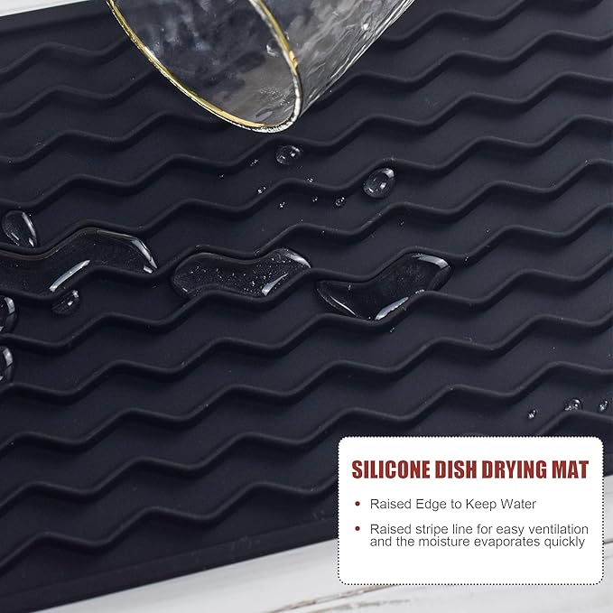 Silicone Dish Drying Mat, Non-Slip Easy Clean Sink Mat Large Heat-resistant Dish Drainer Mat for Kitchen Counter, Sink, Refrigerator or Drawer liner (12" x 6", BLACK) - Image 4