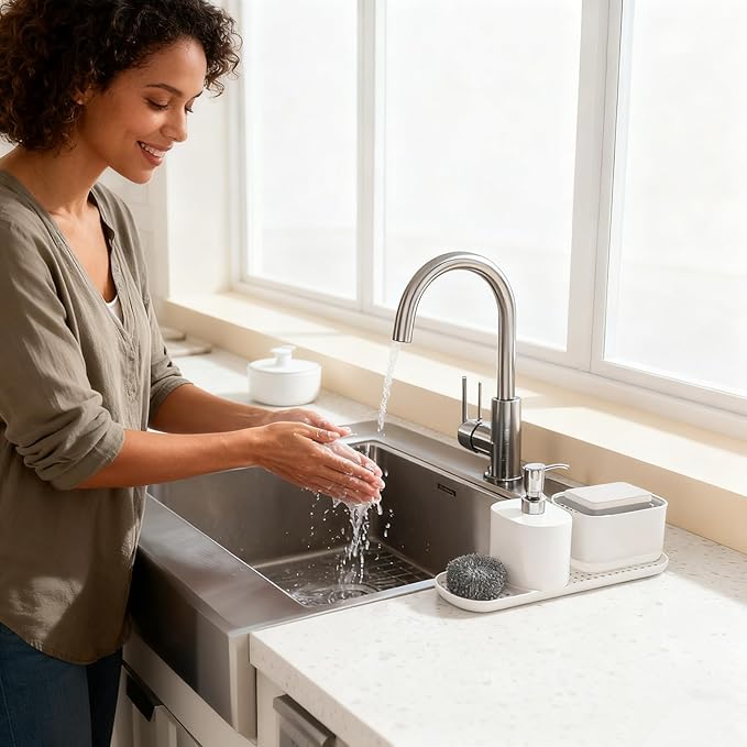 Kitchen Soap Dispenser Set with Tray, 4-in-1 Dual Hand and Dish Soap Dispenser with Sponge Holder for Kitchen Sink, Practical Kitchen Gadgets (White)