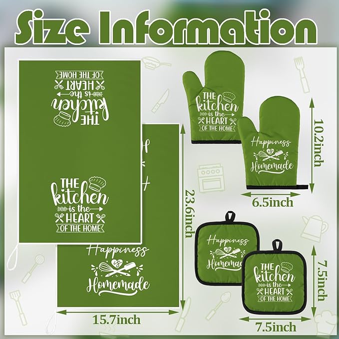 Sratte 6 Pcs Kitchen Decor Accessories Set Farmhouse Towels Pot Holders Oven Mitts Set 2 Dish Towels 2 Potholders 2 Cooking Mittens Oven Glove for Christmas Baking Cooking(Avocado Green,Kitchen) - Image 4