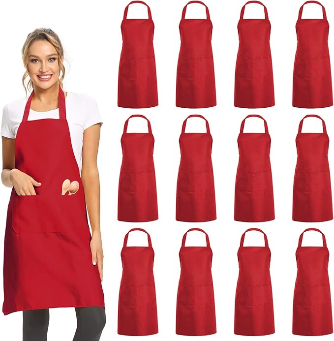 DUSKCOVE 12 Pack Plain Bib Aprons with 2 Pockets - Red Unisex Commercial Apron Bulk for Kitchen Cooking Restaurant BBQ Painting Crafting by DUSKCOVE