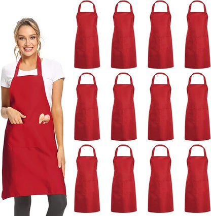 DUSKCOVE 12 Pack Plain Bib Aprons with 2 Pockets - Red Unisex Commercial Apron Bulk for Kitchen Cooking Restaurant BBQ Painting Crafting by DUSKCOVE