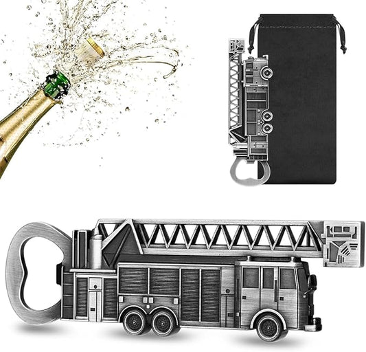 Fire Truck Bottle Opener – Firefighter Gifts for Men, Dad, Grandpa – Silver Fire Truckt-Shaped Bar Accessory with Gift Bag – Perfect for Birthday Fathers Day Christmas BBQ Camping