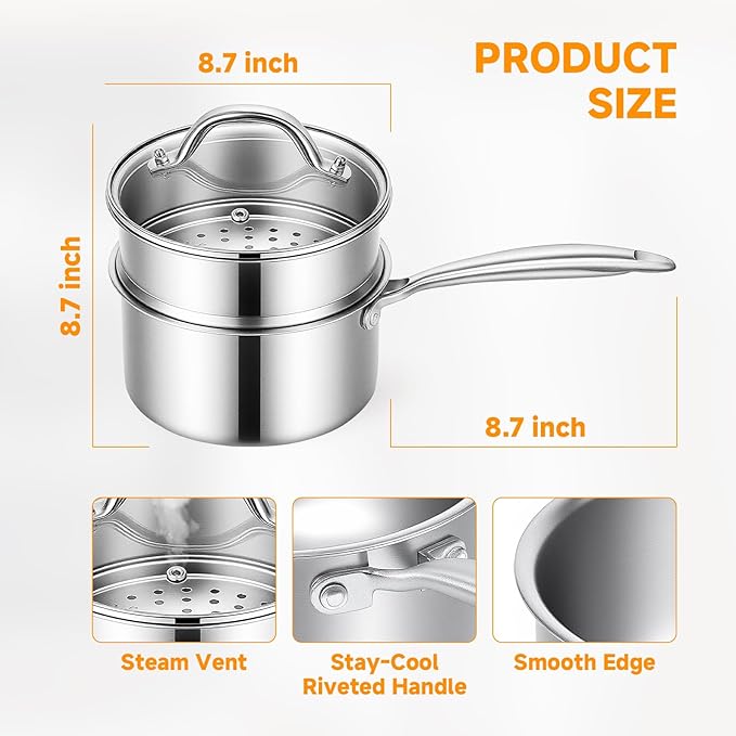 Ohtomber Tri-Ply Steamer for Cooking - Stainless Steel 3 Qt Saucepan with Lid, Medium Kitchen Induction Cooking Pot with Vegetable Food Steamer Basket, Non Stick Sauce Pan with Stay-Cool Handle - Image 2