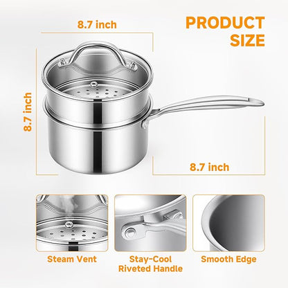 Ohtomber Tri-Ply Steamer for Cooking - Stainless Steel 3 Qt Saucepan with Lid, Medium Kitchen Induction Cooking Pot with Vegetable Food Steamer Basket, Non Stick Sauce Pan with Stay-Cool Handle - Image 2