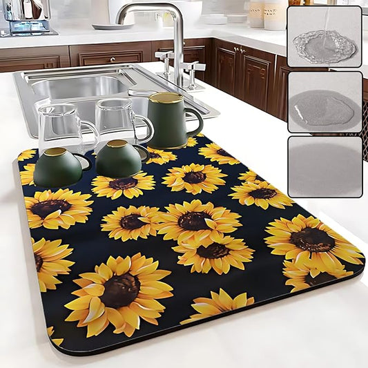 Dish Drying Mat Foldable Fall Kitchen Drying Mat Absorbent Sink Mat Multi-Purpose Coffee Pad Easy To Clean,Kitchen Gadgets,sunflower decor(sunflower) (12*16inches)