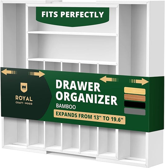 ROYAL CRAFT WOOD Luxury Bamboo Kitchen Drawer Organizer - Silverware Organizer - Utensil Holder and Cutlery Tray with Grooved Drawer Dividers for Flatware and Kitchen Utensils (9 Slot, White) by RoyalCraftWood